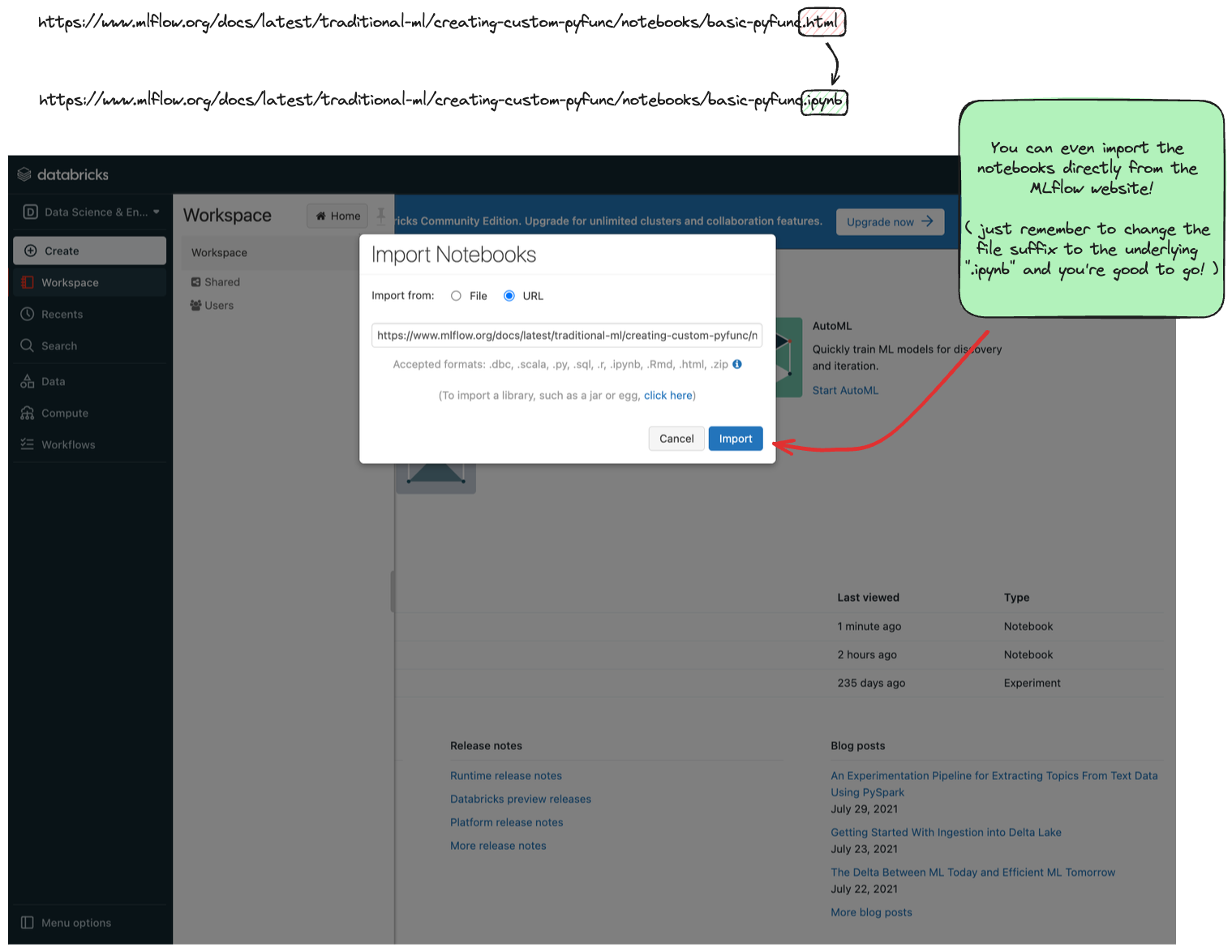 Databricks CE import Notebook from MLflow docs website