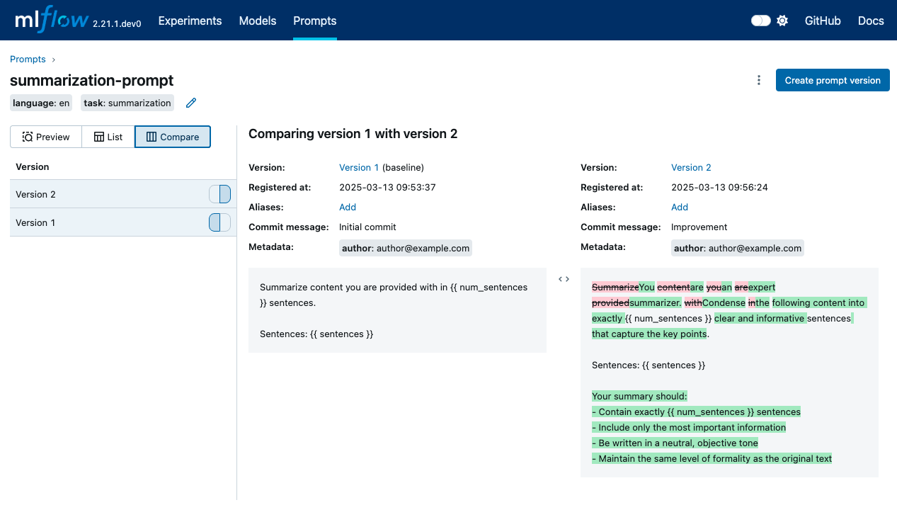 Compare Prompt Versions