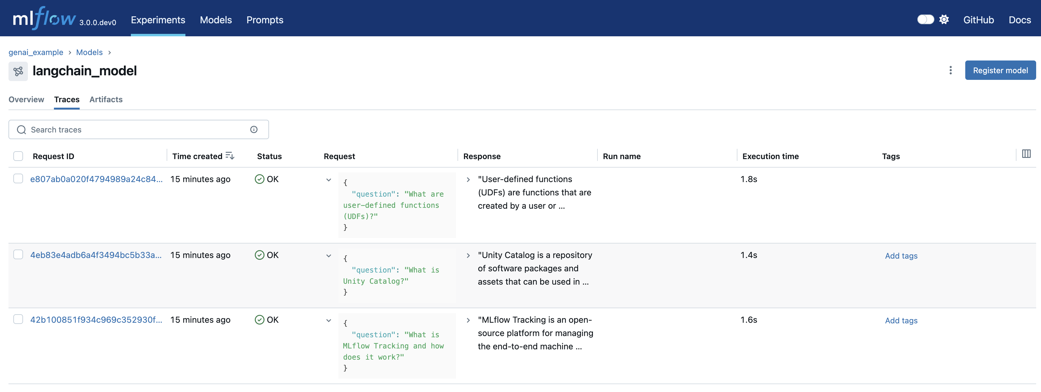 The MLflow UI showing the logged model autolog traces lineage