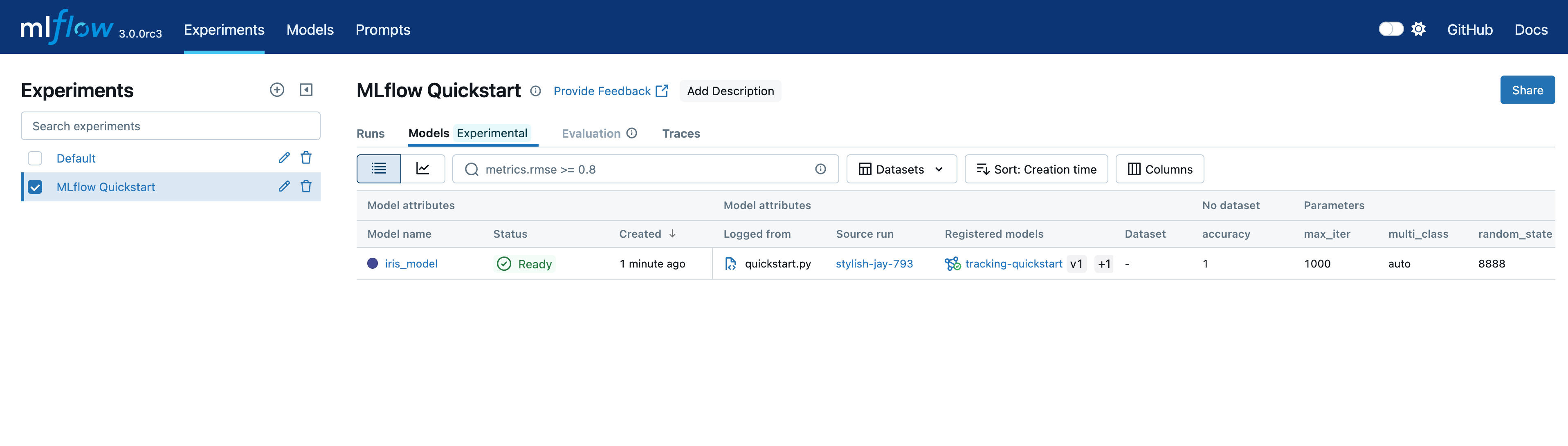MLflow UI Experiment view page models tab