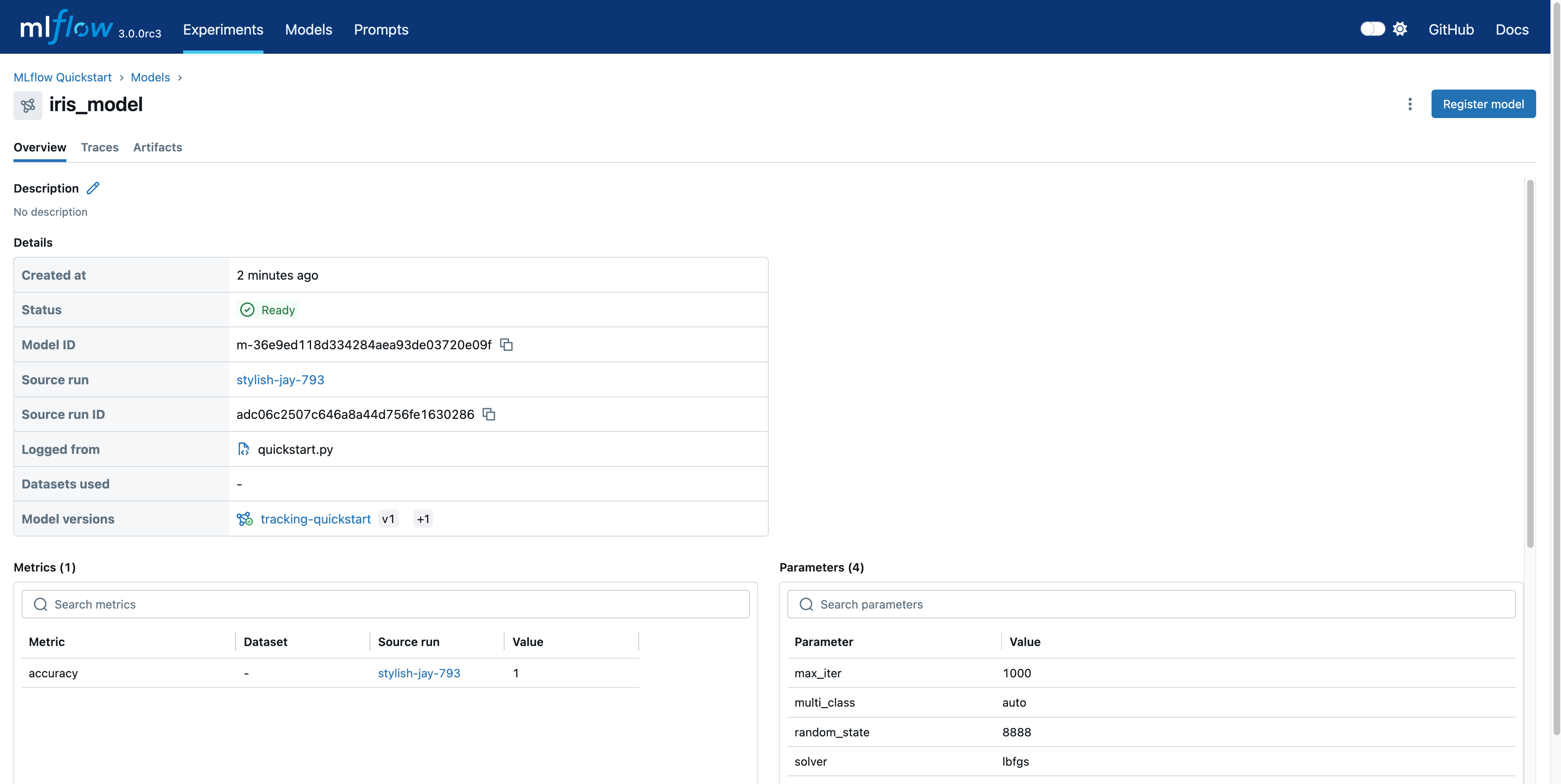 MLflow UI Model view page