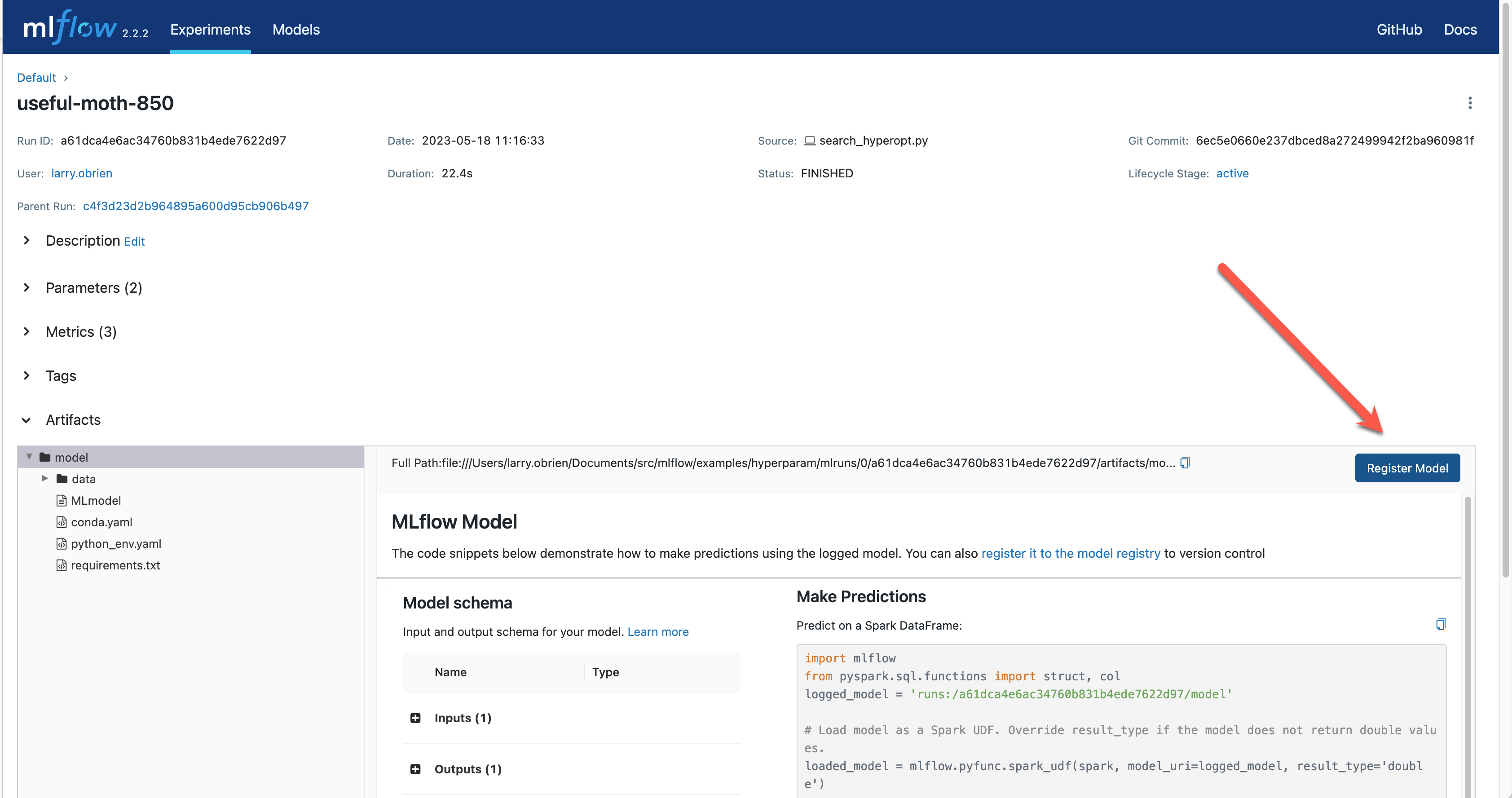 Screenshot of MLflow tracking UI models page showing the registered model